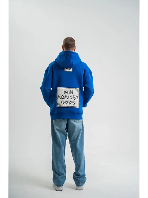 Unisex Kapşonlu Uzun Kol Patchli Nakışlı Sweatshirt - Mavi