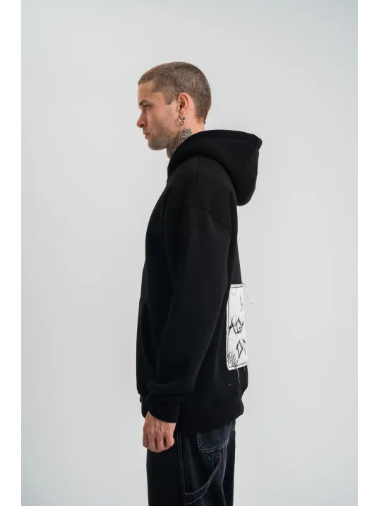 Unisex Kapşonlu Uzun Kol Patchli Nakışlı Sweatshirt - Siyah