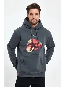 Erkek Kapüşonlu Üç İplik Pamuklu Baskılı Sweatshirt - Füme