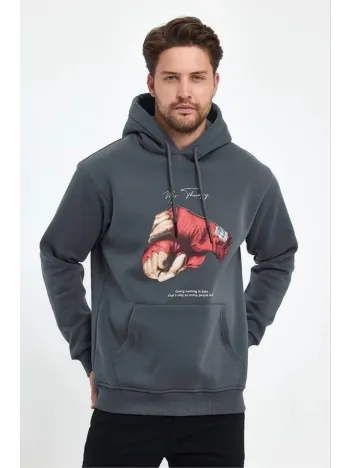 Erkek Kapüşonlu Üç İplik Pamuklu Baskılı Sweatshirt - Füme