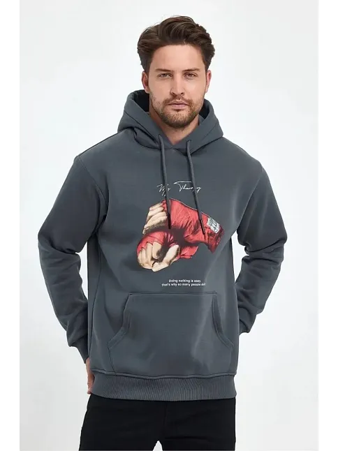 Erkek Kapüşonlu Üç İplik Pamuklu Baskılı Sweatshirt - Füme