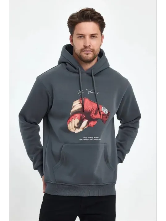 Erkek Kapüşonlu Üç İplik Pamuklu Baskılı Sweatshirt - Füme