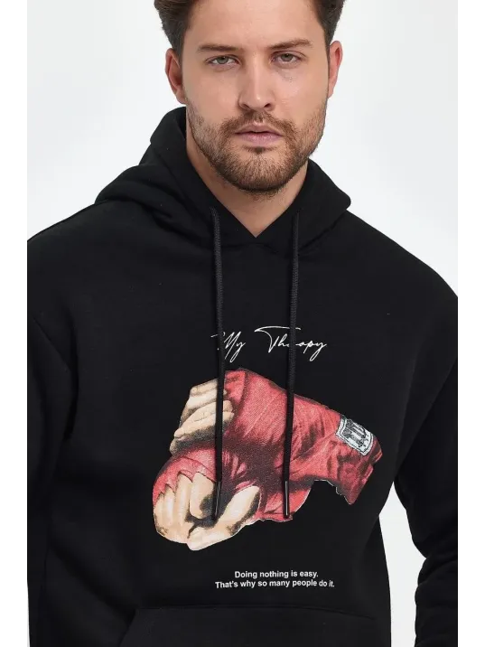 Unisex Kapüşonlu Üç İplik Oversize Baskılı Sweatshirt - Siyah Unisex Kapüşonlu Üç İplik Oversize Baskılı Sweatshirt - Siyah