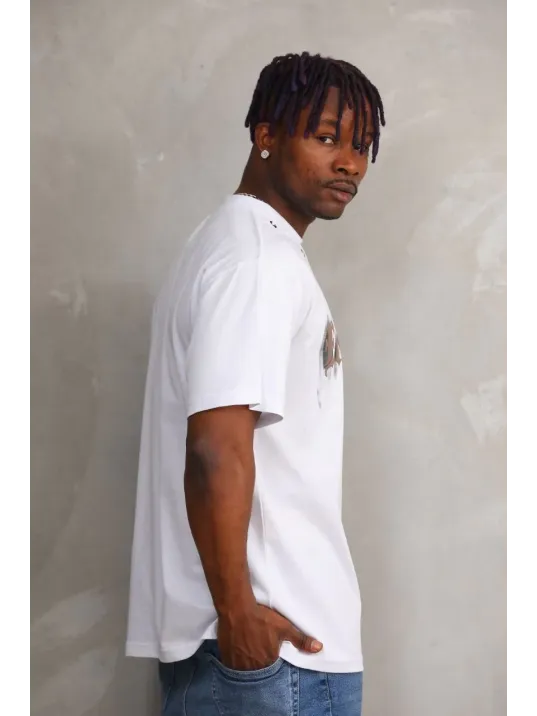 Unisex Kuşgözü Detaylı Baskılı Oversize T-Shirt - Beyaz Unisex Kuşgözü Detaylı Baskılı Oversize T-Shirt - Beyaz