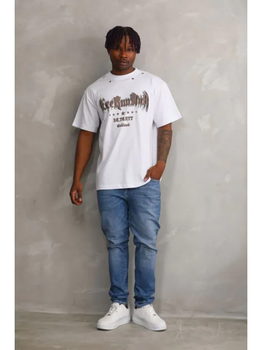 Unisex Kuşgözü Detaylı Baskılı Oversize T-Shirt - Beyaz Unisex Kuşgözü Detaylı Baskılı Oversize T-Shirt - Beyaz