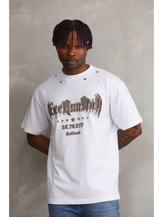 Unisex Kuşgözü Detaylı Baskılı Oversize T-Shirt - Beyaz Unisex Kuşgözü Detaylı Baskılı Oversize T-Shirt - Beyaz