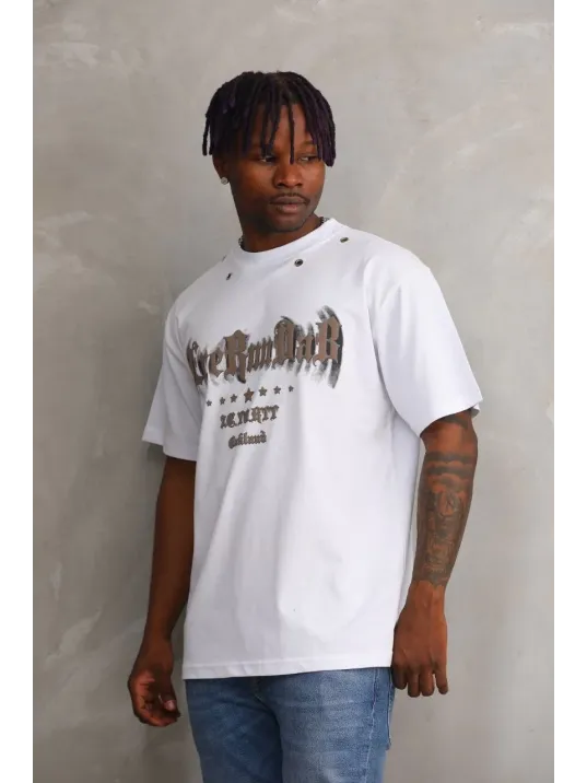 Unisex Kuşgözü Detaylı Baskılı Oversize T-Shirt - Beyaz Unisex Kuşgözü Detaylı Baskılı Oversize T-Shirt - Beyaz