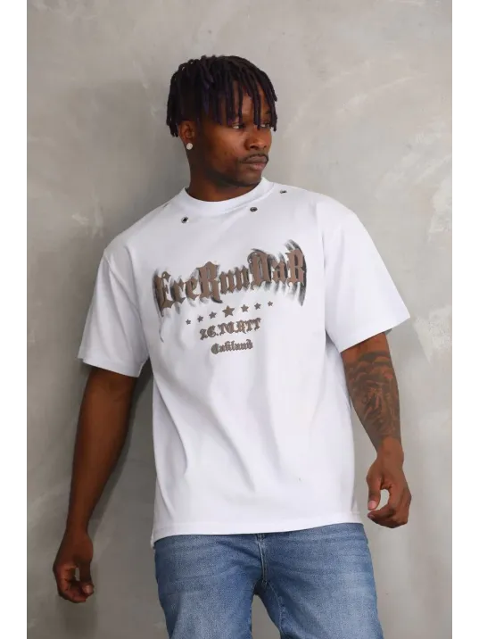 Unisex Kuşgözü Detaylı Baskılı Oversize T-Shirt - Beyaz Unisex Kuşgözü Detaylı Baskılı Oversize T-Shirt - Beyaz