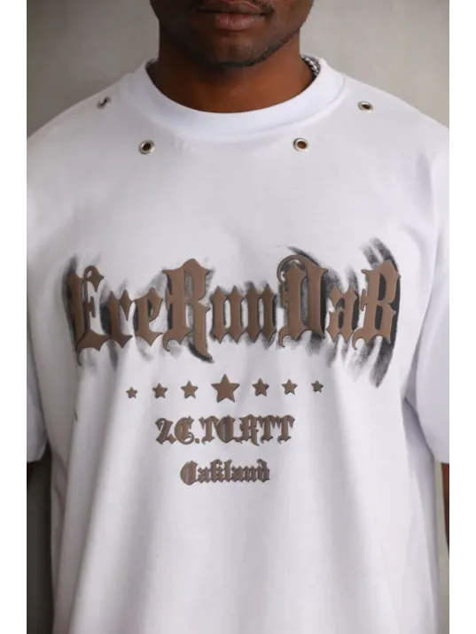 Unisex Kuşgözü Detaylı Baskılı Oversize T-Shirt - Beyaz Unisex Kuşgözü Detaylı Baskılı Oversize T-Shirt - Beyaz