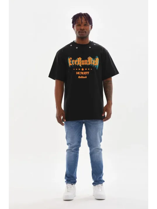 Unisex Kuşgözü Detaylı Baskılı Oversize T-Shirt - Siyah