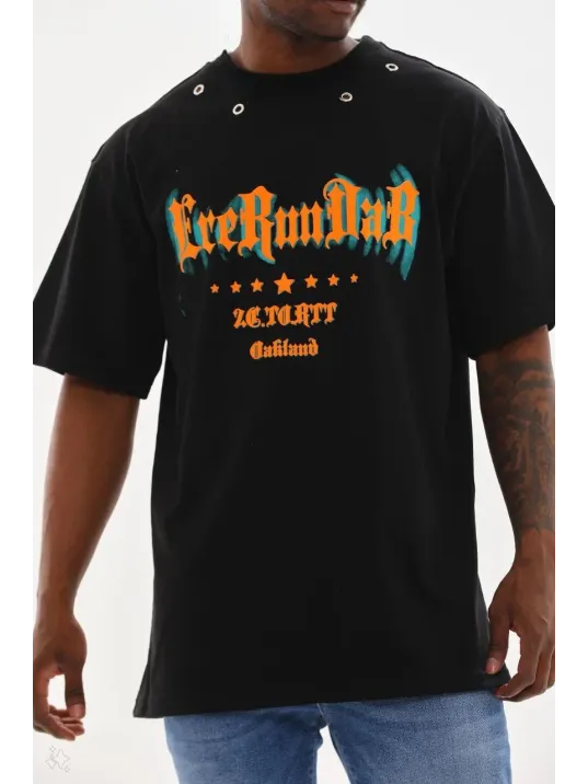 Unisex Kuşgözü Detaylı Baskılı Oversize T-Shirt - Siyah Unisex Kuşgözü Detaylı Baskılı Oversize T-Shirt - Siyah