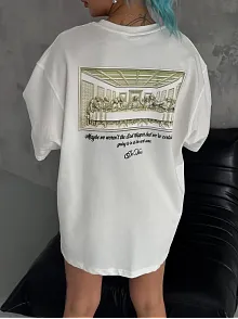 Unisex Baskılı Oversize T-shirt - Beyaz