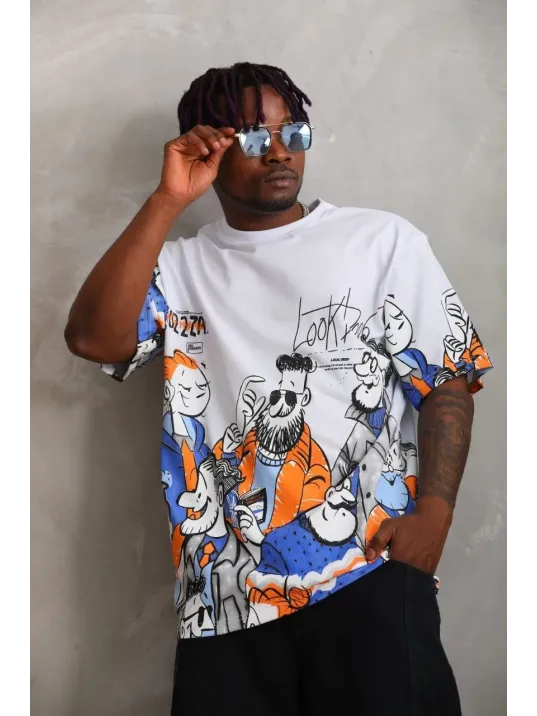Unisex Oversize Baskılı Bisiklet Yaka T-Shirt - Beyaz Unisex Oversize Baskılı Bisiklet Yaka T-Shirt - Beyaz