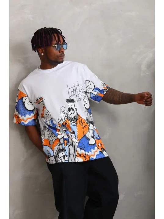 Unisex Oversize Baskılı Bisiklet Yaka T-Shirt - Beyaz Unisex Oversize Baskılı Bisiklet Yaka T-Shirt - Beyaz