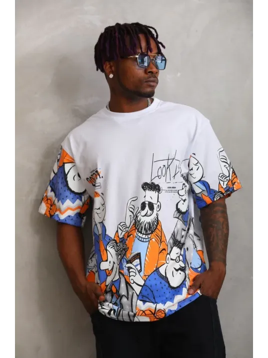 Unisex Oversize Baskılı Bisiklet Yaka T-Shirt - Beyaz Unisex Oversize Baskılı Bisiklet Yaka T-Shirt - Beyaz