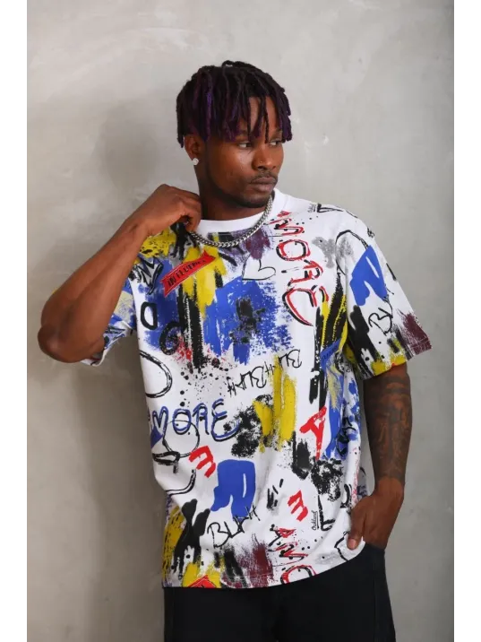 Unisex Oversize Baskılı Bisiklet Yaka T-Shirt - Beyaz Unisex Oversize Baskılı Bisiklet Yaka T-Shirt - Beyaz