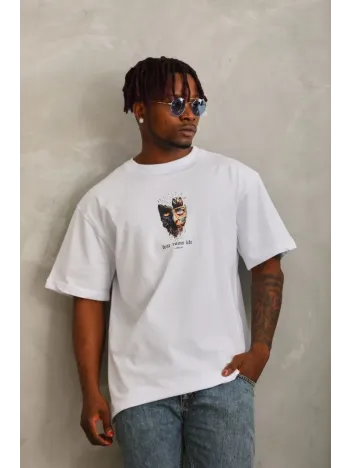 Unisex Oversize Baskılı Bisiklet Yaka T-Shirt - Beyaz Unisex Oversize Baskılı Bisiklet Yaka T-Shirt - Beyaz
