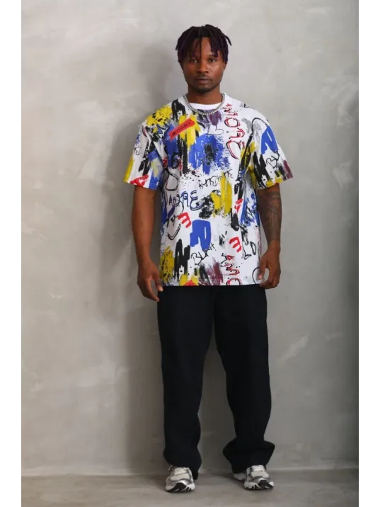 Unisex Oversize Baskılı Bisiklet Yaka T-Shirt - Beyaz Unisex Oversize Baskılı Bisiklet Yaka T-Shirt - Beyaz