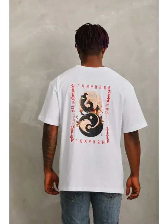 Unisex Oversize Baskılı Bisiklet Yaka T-Shirt - Beyaz Unisex Oversize Baskılı Bisiklet Yaka T-Shirt - Beyaz