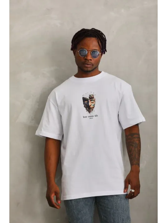 Unisex Oversize Baskılı Bisiklet Yaka T-Shirt - Beyaz Unisex Oversize Baskılı Bisiklet Yaka T-Shirt - Beyaz