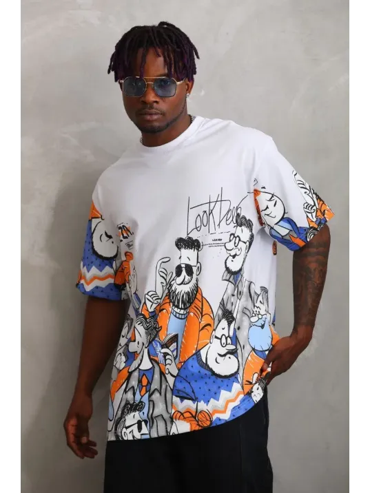 Unisex Oversize Baskılı Bisiklet Yaka T-Shirt - Beyaz Unisex Oversize Baskılı Bisiklet Yaka T-Shirt - Beyaz