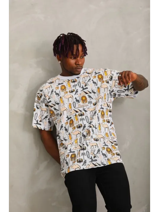 Unisex Oversize Baskılı Bisiklet Yaka T-Shirt - Beyaz Unisex Oversize Baskılı Bisiklet Yaka T-Shirt - Beyaz