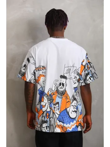 Unisex Oversize Baskılı Bisiklet Yaka T-Shirt - Beyaz