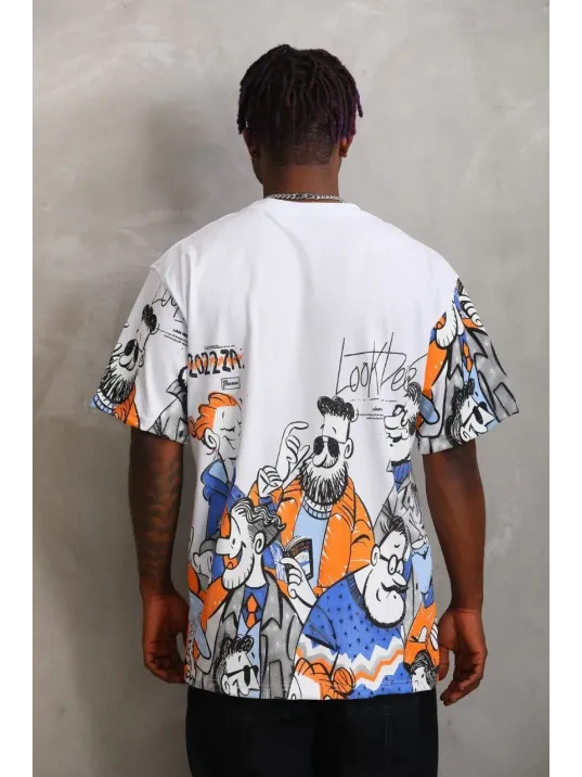 Unisex Oversize Baskılı Bisiklet Yaka T-Shirt - Beyaz Unisex Oversize Baskılı Bisiklet Yaka T-Shirt - Beyaz