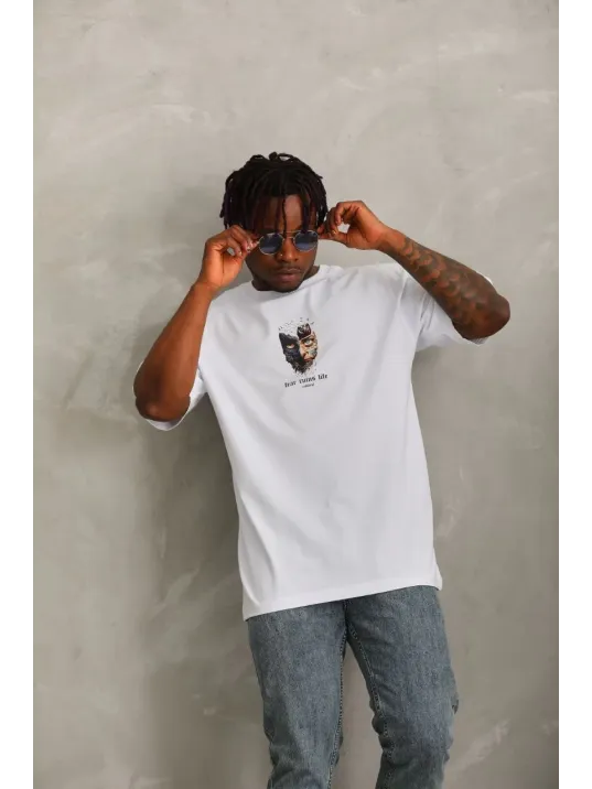 Unisex Oversize Baskılı Bisiklet Yaka T-Shirt - Beyaz Unisex Oversize Baskılı Bisiklet Yaka T-Shirt - Beyaz