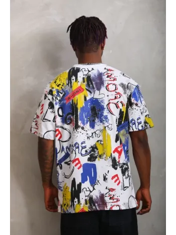 Unisex Oversize Baskılı Bisiklet Yaka T-Shirt - Beyaz