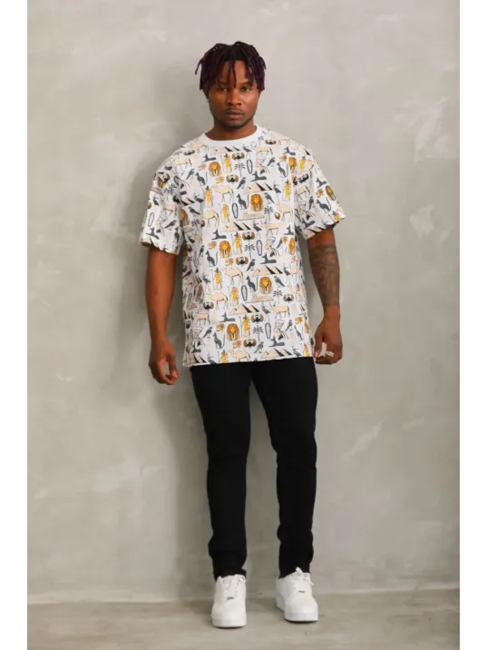 Unisex Oversize Baskılı Bisiklet Yaka T-Shirt - Beyaz Unisex Oversize Baskılı Bisiklet Yaka T-Shirt - Beyaz