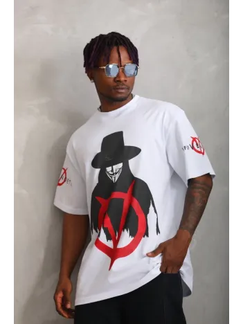 Unisex Oversize Baskılı Bisiklet Yaka T-Shirt - Beyaz