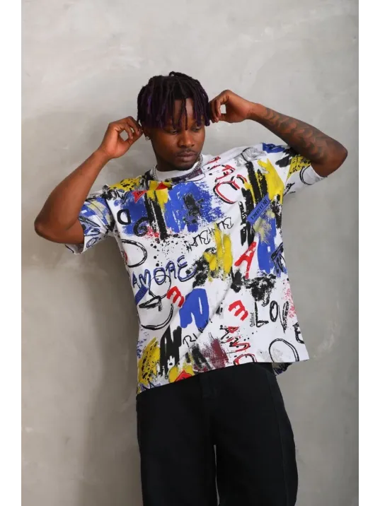 Unisex Oversize Baskılı Bisiklet Yaka T-Shirt - Beyaz Unisex Oversize Baskılı Bisiklet Yaka T-Shirt - Beyaz