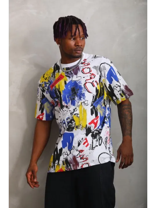 Unisex Oversize Baskılı Bisiklet Yaka T-Shirt - Beyaz Unisex Oversize Baskılı Bisiklet Yaka T-Shirt - Beyaz