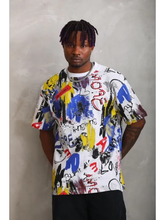 Unisex Oversize Baskılı Bisiklet Yaka T-Shirt - Beyaz Unisex Oversize Baskılı Bisiklet Yaka T-Shirt - Beyaz