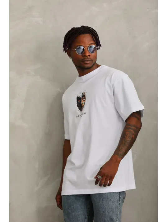 Unisex Oversize Baskılı Bisiklet Yaka T-Shirt - Beyaz Unisex Oversize Baskılı Bisiklet Yaka T-Shirt - Beyaz