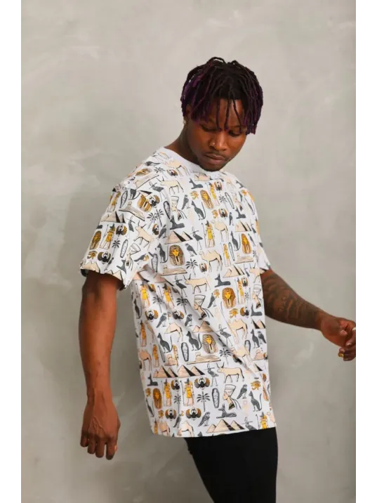 Unisex Oversize Baskılı Bisiklet Yaka T-Shirt - Beyaz Unisex Oversize Baskılı Bisiklet Yaka T-Shirt - Beyaz