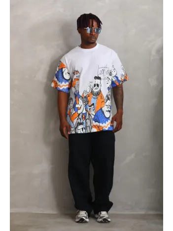 Unisex Oversize Baskılı Bisiklet Yaka T-Shirt - Beyaz Unisex Oversize Baskılı Bisiklet Yaka T-Shirt - Beyaz