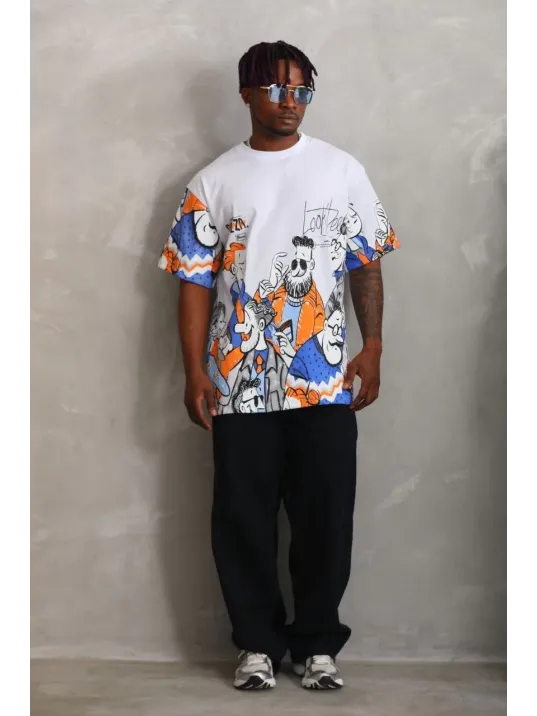 Unisex Oversize Baskılı Bisiklet Yaka T-Shirt - Beyaz Unisex Oversize Baskılı Bisiklet Yaka T-Shirt - Beyaz