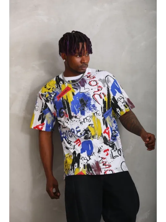 Unisex Oversize Baskılı Bisiklet Yaka T-Shirt - Beyaz Unisex Oversize Baskılı Bisiklet Yaka T-Shirt - Beyaz