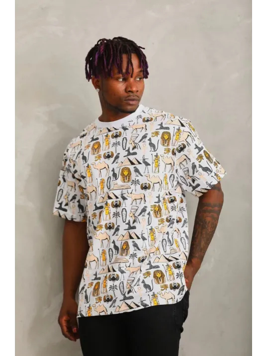 Unisex Oversize Baskılı Bisiklet Yaka T-Shirt - Beyaz Unisex Oversize Baskılı Bisiklet Yaka T-Shirt - Beyaz