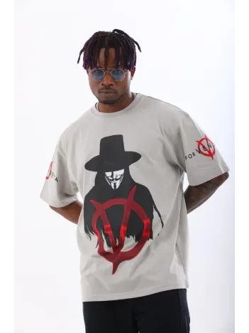 Unisex Oversize Baskılı Bisiklet Yaka T-Shirt - Gri