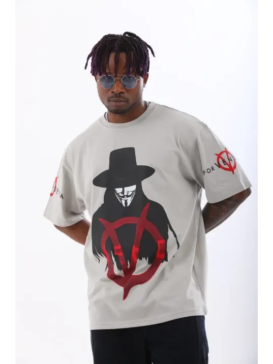 Unisex Oversize Baskılı Bisiklet Yaka T-Shirt - Gri Unisex Oversize Baskılı Bisiklet Yaka T-Shirt - Gri