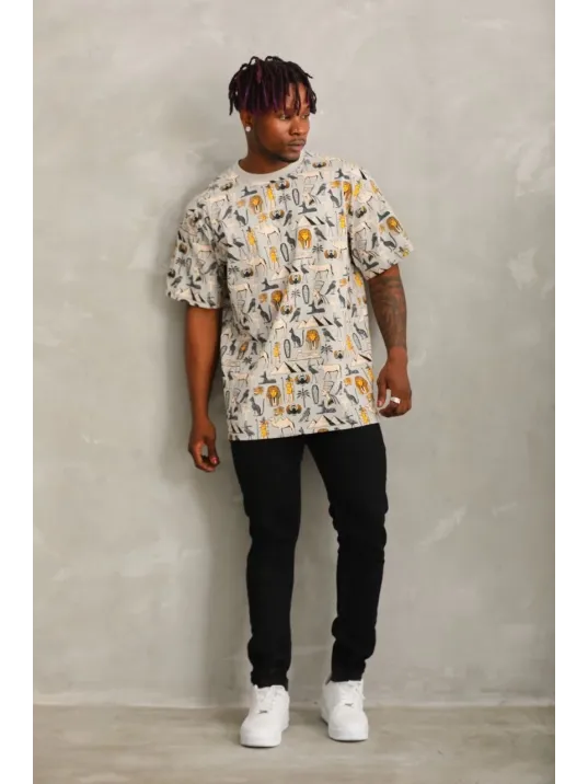 Unisex Oversize Baskılı Bisiklet Yaka T-Shirt - Gri Unisex Oversize Baskılı Bisiklet Yaka T-Shirt - Gri