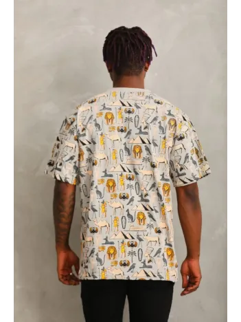 Unisex Oversize Baskılı Bisiklet Yaka T-Shirt - Gri