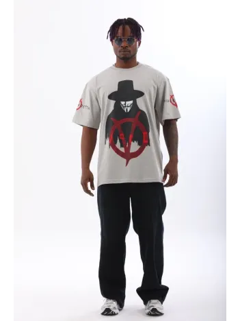 Unisex Oversize Baskılı Bisiklet Yaka T-Shirt - Gri Unisex Oversize Baskılı Bisiklet Yaka T-Shirt - Gri