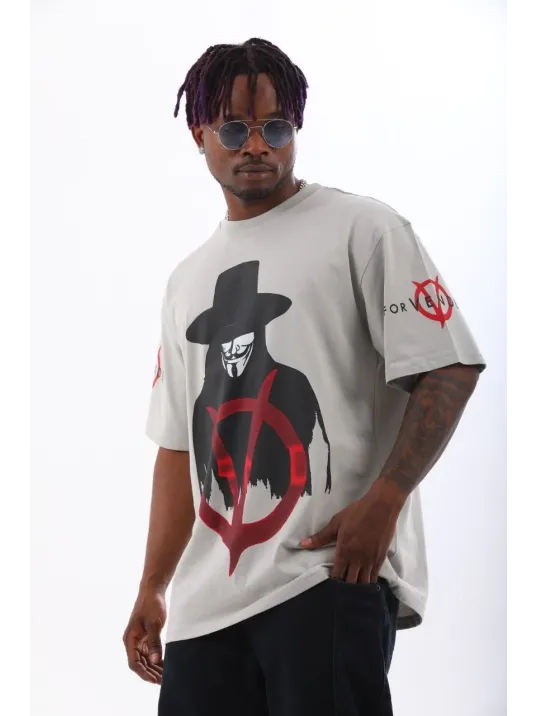 Unisex Oversize Baskılı Bisiklet Yaka T-Shirt - Gri Unisex Oversize Baskılı Bisiklet Yaka T-Shirt - Gri