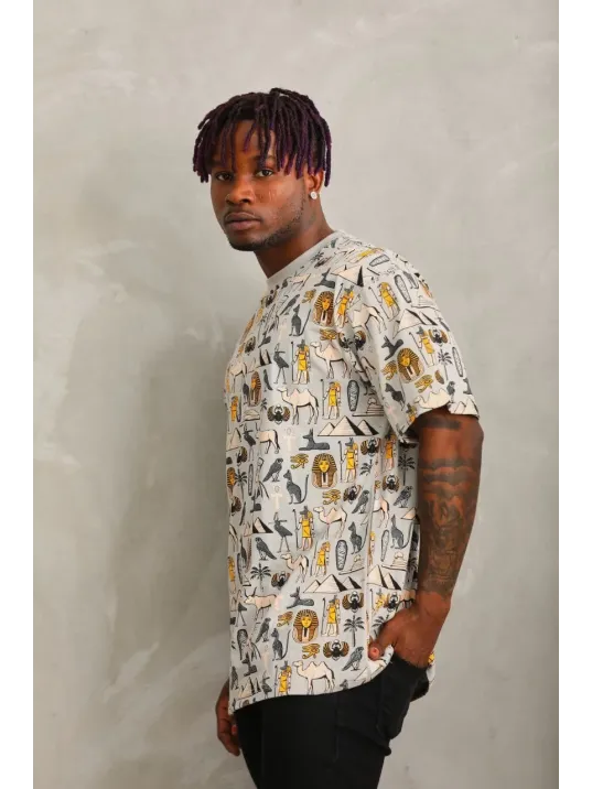 Unisex Oversize Baskılı Bisiklet Yaka T-Shirt - Gri Unisex Oversize Baskılı Bisiklet Yaka T-Shirt - Gri