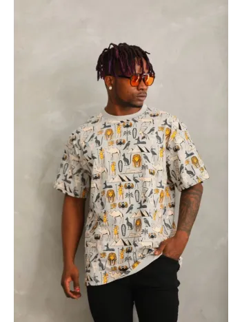 Unisex Oversize Baskılı Bisiklet Yaka T-Shirt - Gri Unisex Oversize Baskılı Bisiklet Yaka T-Shirt - Gri