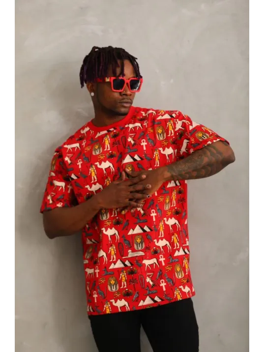 Unisex Oversize Baskılı Bisiklet Yaka T-Shirt - Kırmızı Unisex Oversize Baskılı Bisiklet Yaka T-Shirt - Kırmızı